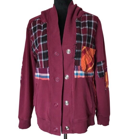 Upcycled Patchwork Hoodie, Size M: Magenta Boho Snap Front Jacket, Campus Grunge - Picture 8 of 17